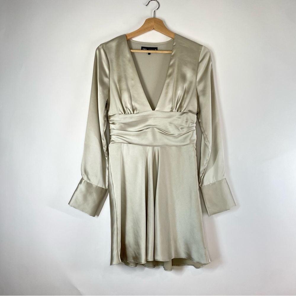 Zara Womens Satin Effect Champagne Glamour Chic Collared Mini Dress Size S